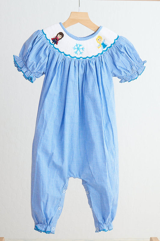 Blue Ice Princess Hand Smocked Gingham Girl Romper