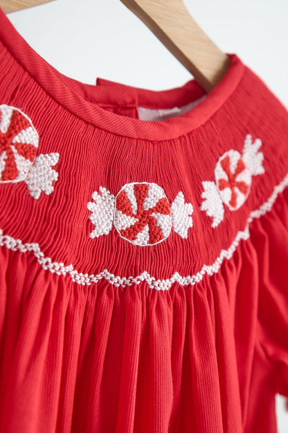 Red Peppermint Hand Smocked Dress