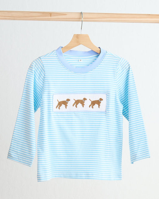 Blue Puppy Hand Smocked Boy Stripe Top