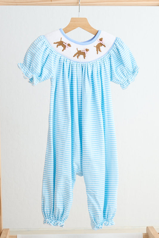 Blue Puppy Hand Smocked Stripe Girl Romper