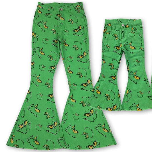 Christmas Green Print Denim Bell Bottoms - Mom+Me