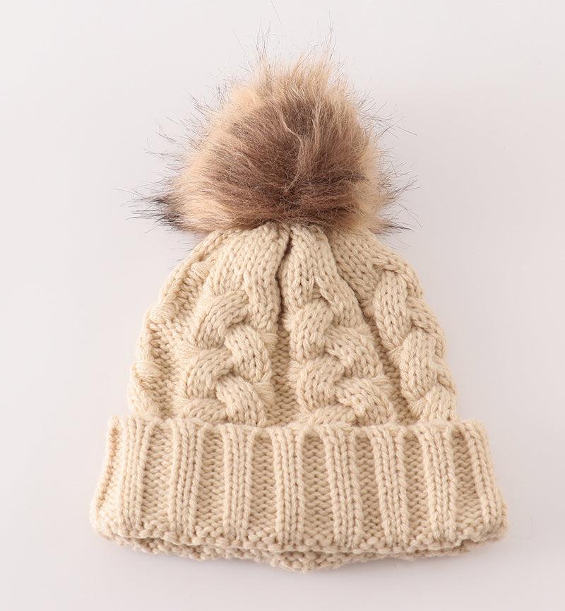 Pom Pom Cable Knit Beige Beanie - Mom+Me