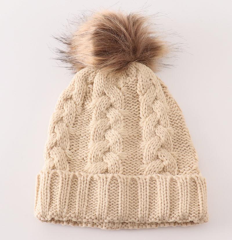 Pom Pom Cable Knit Beige Beanie - Mom+Me