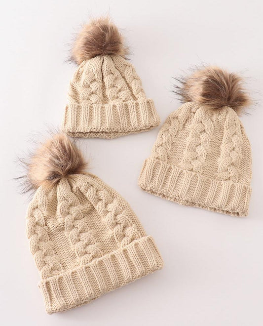 Pom Pom Cable Knit Beige Beanie - Mom+Me