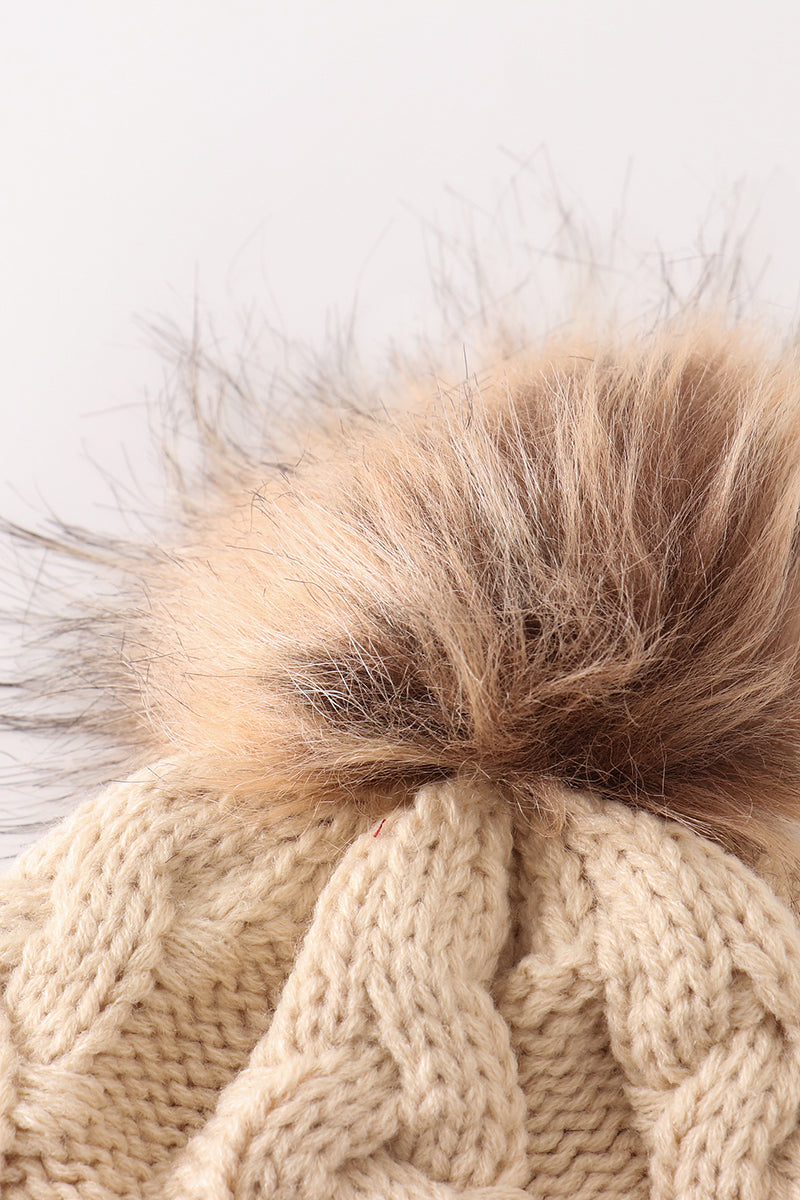 Pom Pom Cable Knit Beige Beanie - Mom+Me