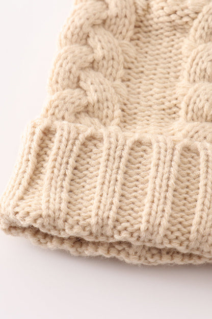 Pom Pom Cable Knit Beige Beanie - Mom+Me