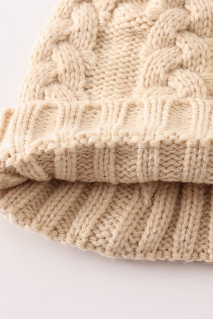 Pom Pom Cable Knit Beige Beanie - Mom+Me