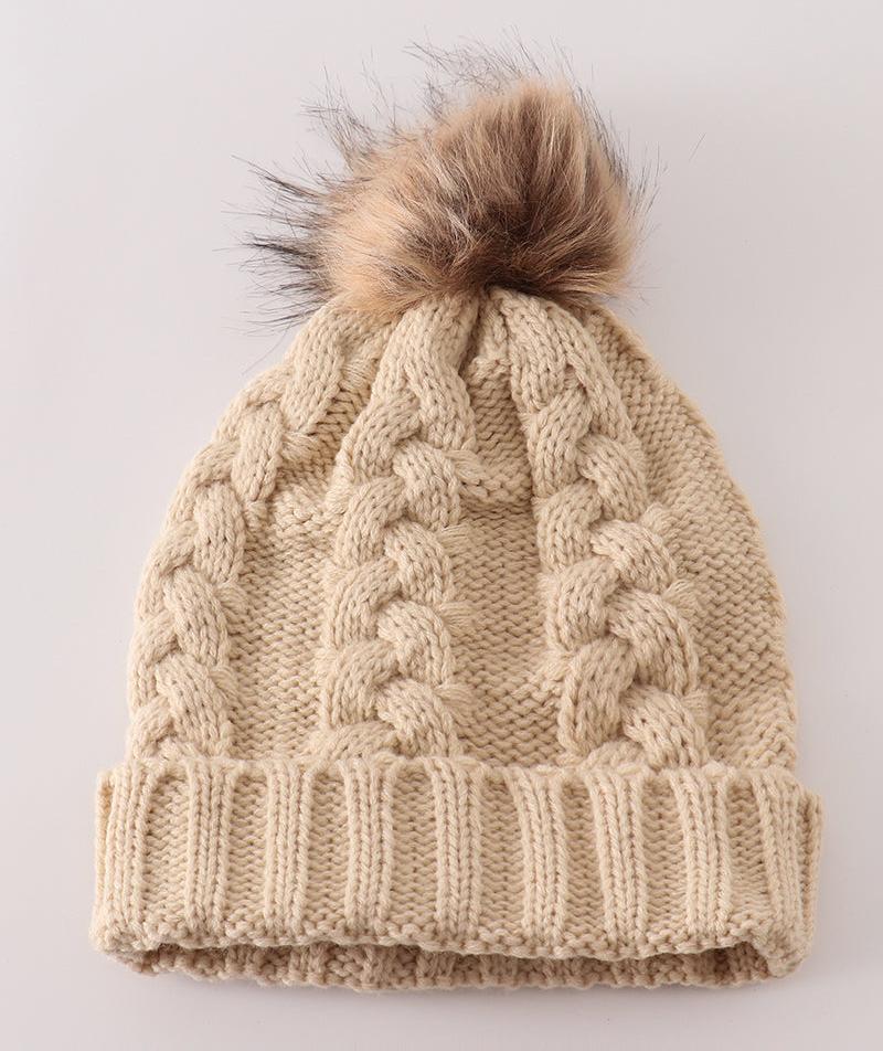 Pom Pom Cable Knit Beige Beanie - Mom+Me