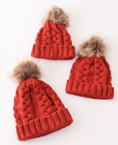 Pom Pom Cable Knit Beanie - Caramel