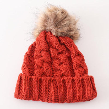 Pom Pom Cable Knit Beanie - Caramel