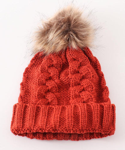 Pom Pom Cable Knit Beanie - Caramel