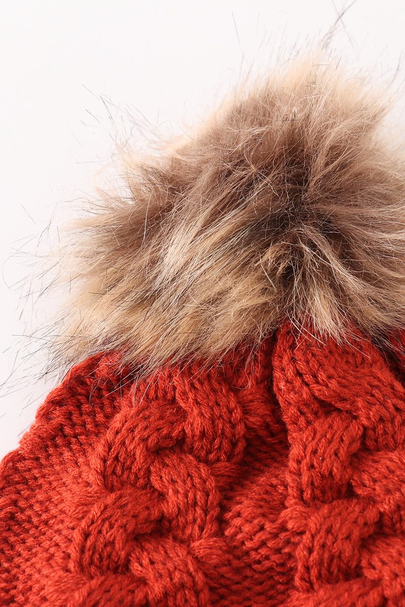 Pom Pom Cable Knit Beanie - Caramel