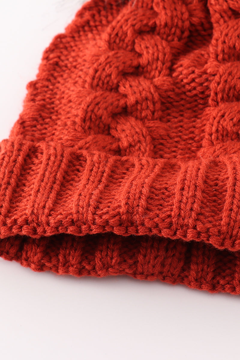 Pom Pom Cable Knit Beanie - Caramel