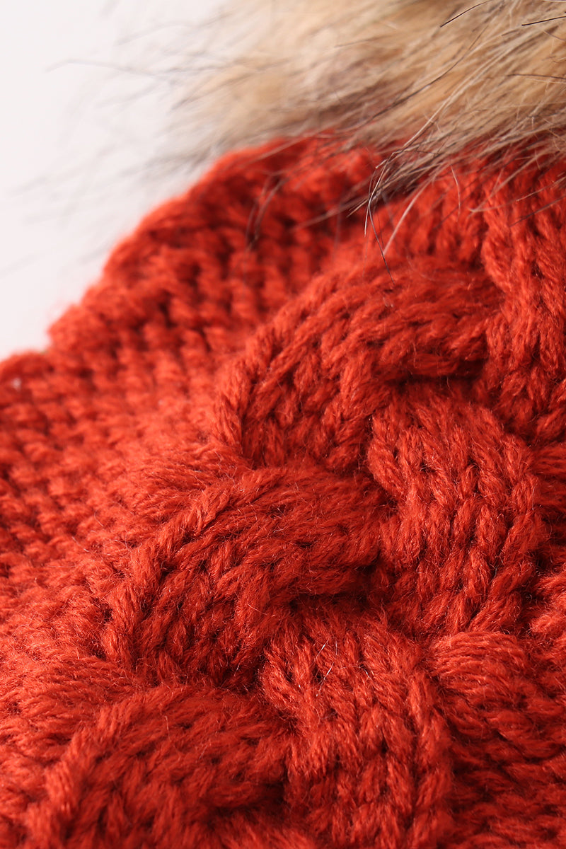 Pom Pom Cable Knit Beanie - Caramel