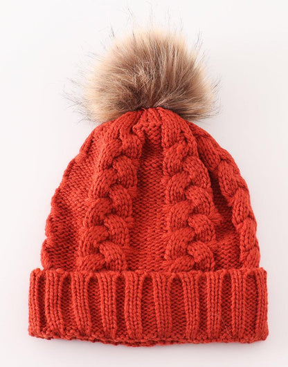 Pom Pom Cable Knit Beanie - Caramel