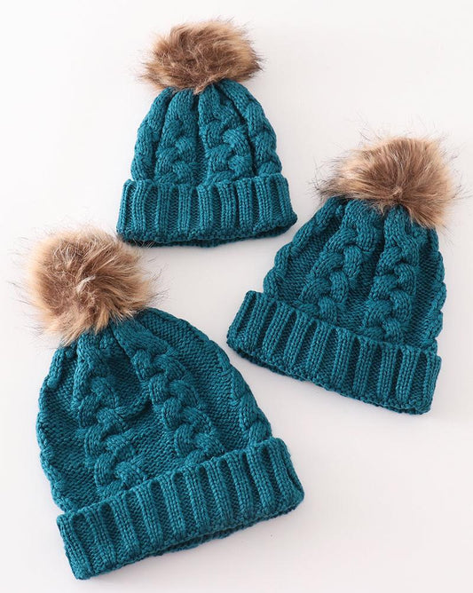 Pom Pom Cable Knit Teal Beanie - Mom+Me