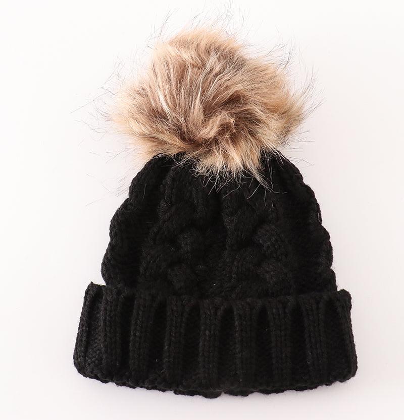 Pom Pom Cable Knit Black Beanie - Mom+Me