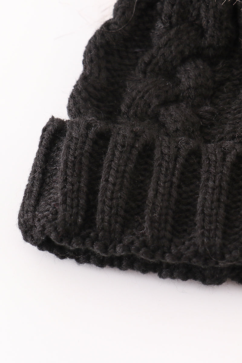 Pom Pom Cable Knit Black Beanie - Mom+Me