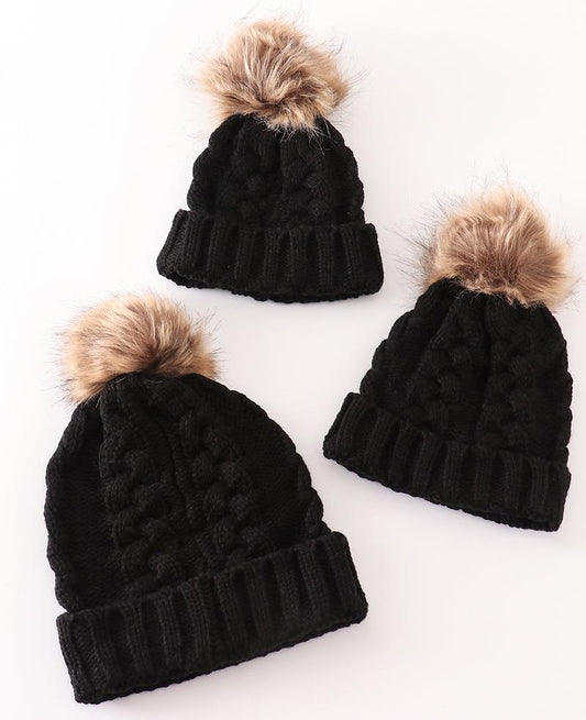 Pom Pom Cable Knit Black Beanie - Mom+Me