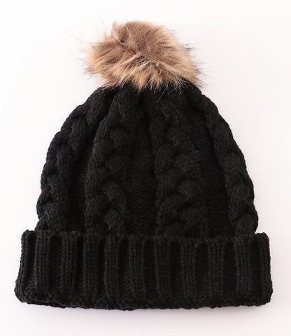 Pom Pom Cable Knit Black Beanie - Mom+Me