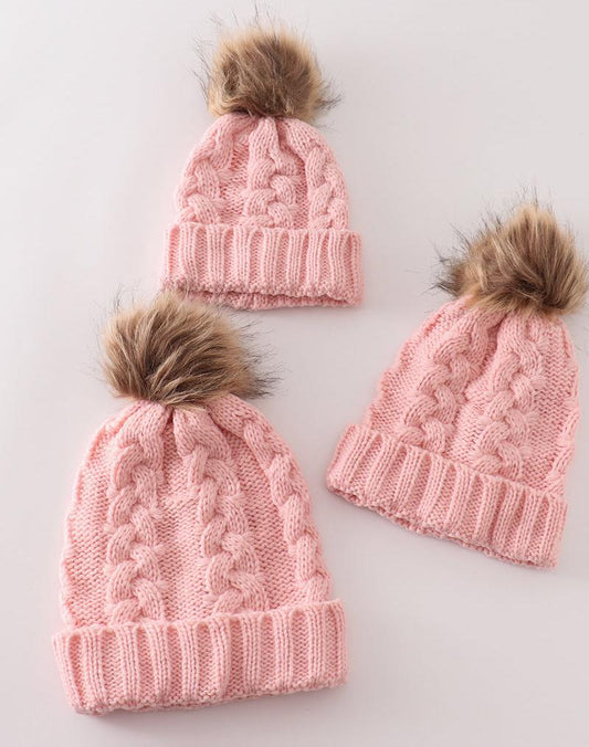 Pom Pom Cable Knit Pink Beanie - Mom+Me