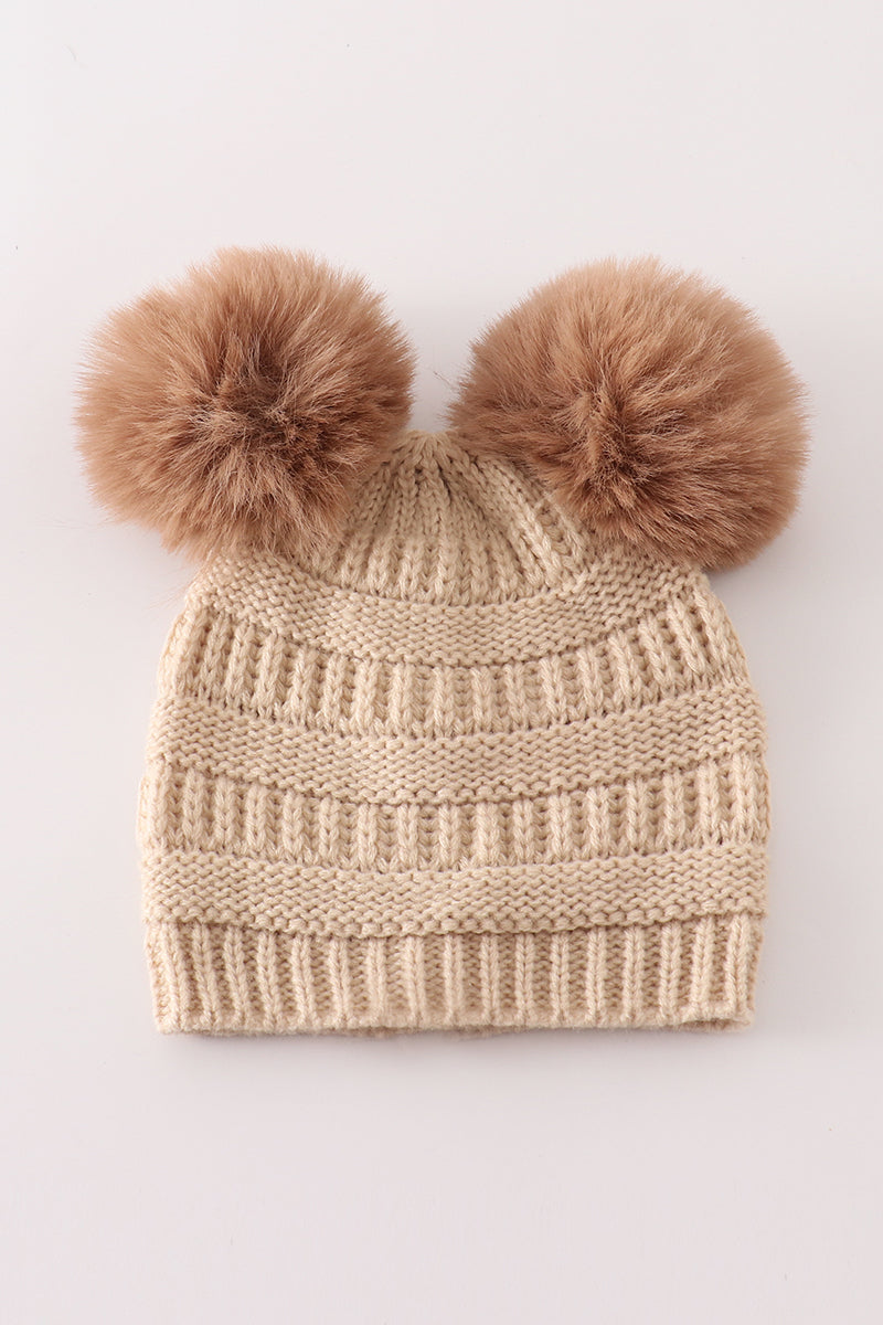 Double Pom Pom Cable Knit Beige Beanie