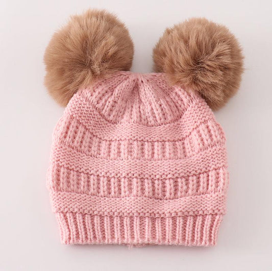 Double Pom Pom Cable Knit Pink Beanie