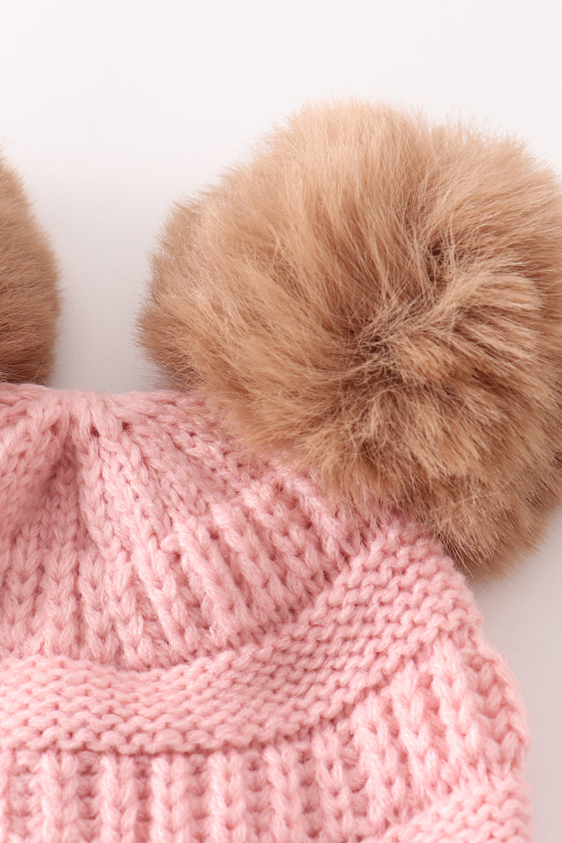 Double Pom Pom Cable Knit Pink Beanie