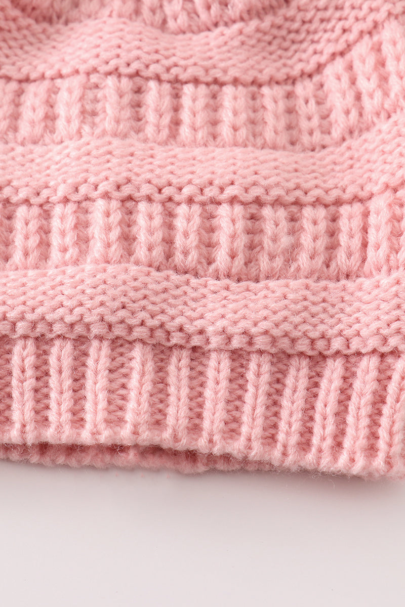 Double Pom Pom Cable Knit Pink Beanie