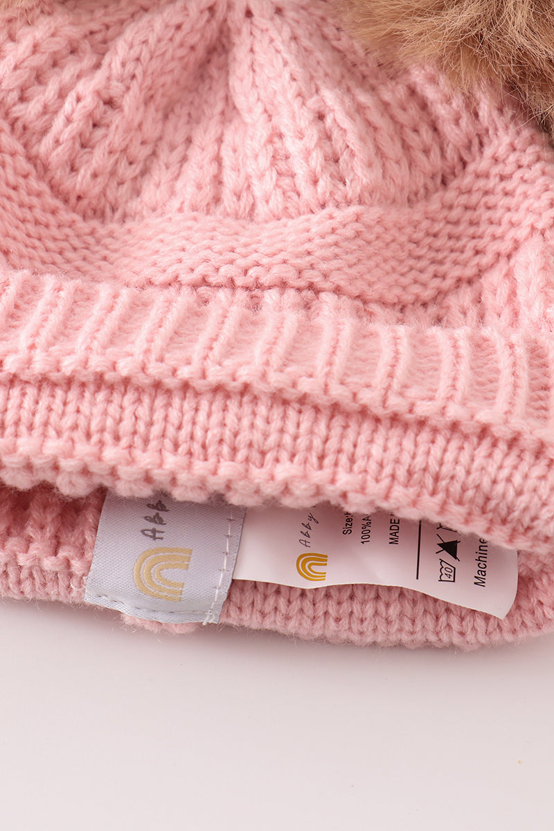 Double Pom Pom Cable Knit Pink Beanie