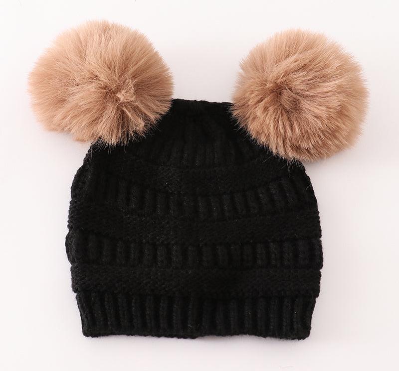 Double Pom Pom Cable Knit Baby Beanie - Black