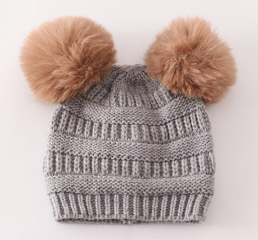 Double Pom Pom Cable Knit Baby Beanie - Light Gray