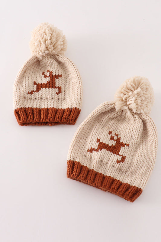 Reindeer Cable Knit Pompom Beige Beanie