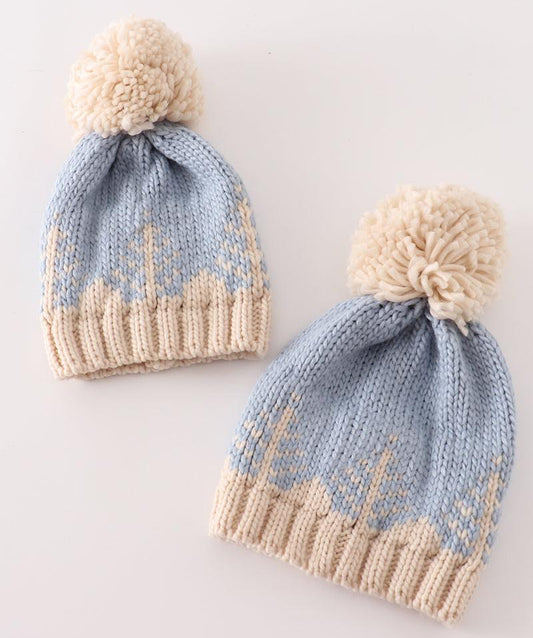 Christmas Tree Cable Knit Pom Pom Blue Beanie