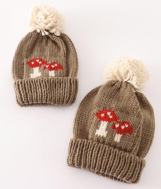 Mushroom Cable Knit Pom Pom Brown Beanie