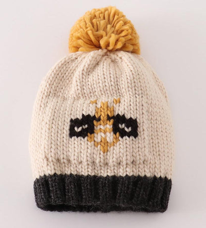 Bee Cable Knit Pom Pom Beige Beanie