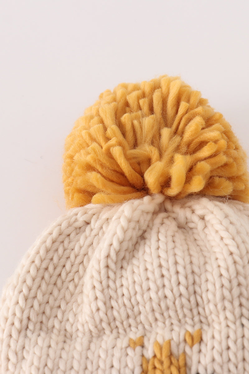 Bee Cable Knit Pom Pom Beige Beanie