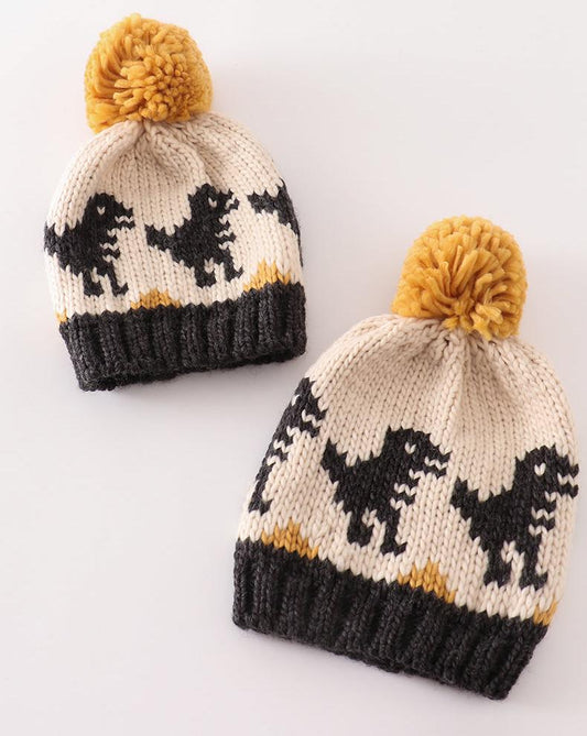 Dinosaur Cable Knit Pompom Black Beanie