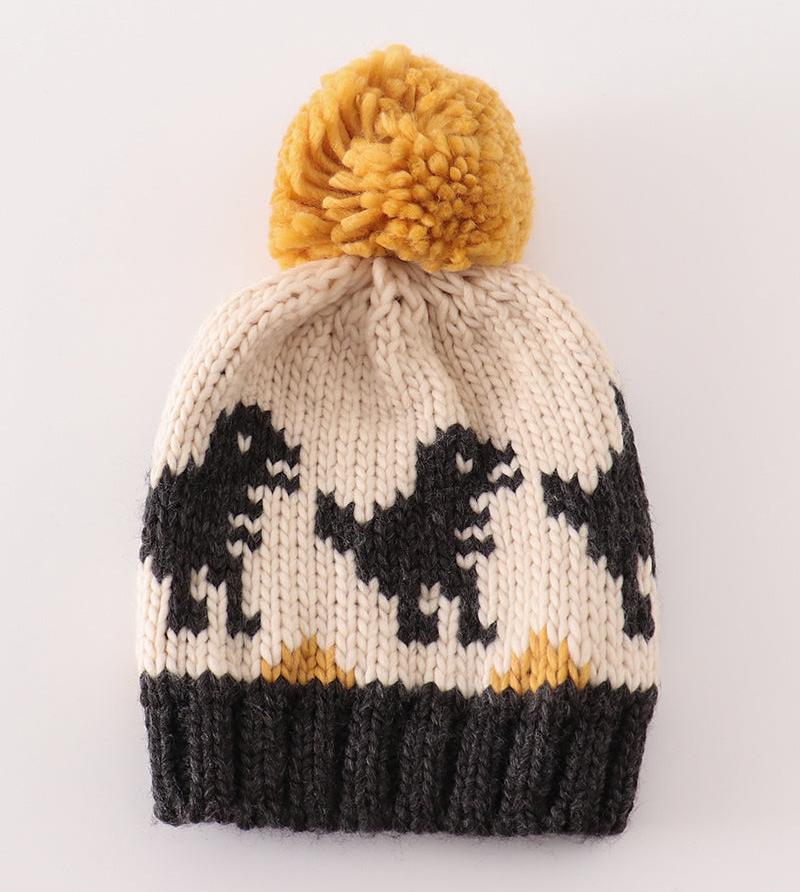 Dinosaur Cable Knit Pompom Black Beanie