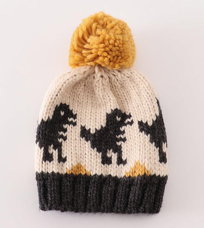 Dinosaur Cable Knit Pompom Black Beanie