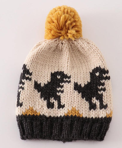 Dinosaur Cable Knit Pompom Black Beanie