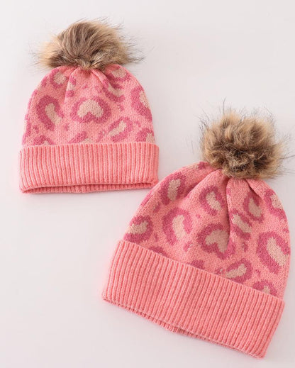 Pink Leopard Cable Knit Pom Beanie - Mom+Mini