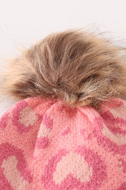 Pink Leopard Cable Knit Pom Beanie - Mom+Mini