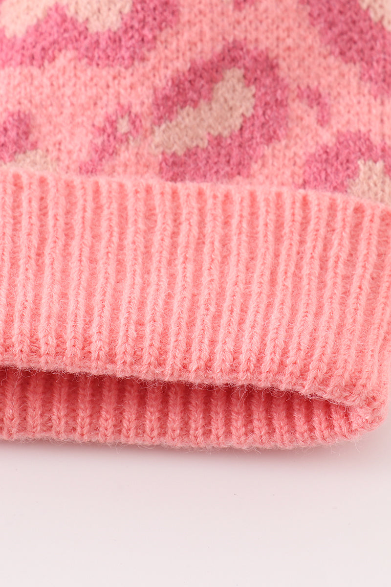 Pink Leopard Cable Knit Pom Beanie - Mom+Mini