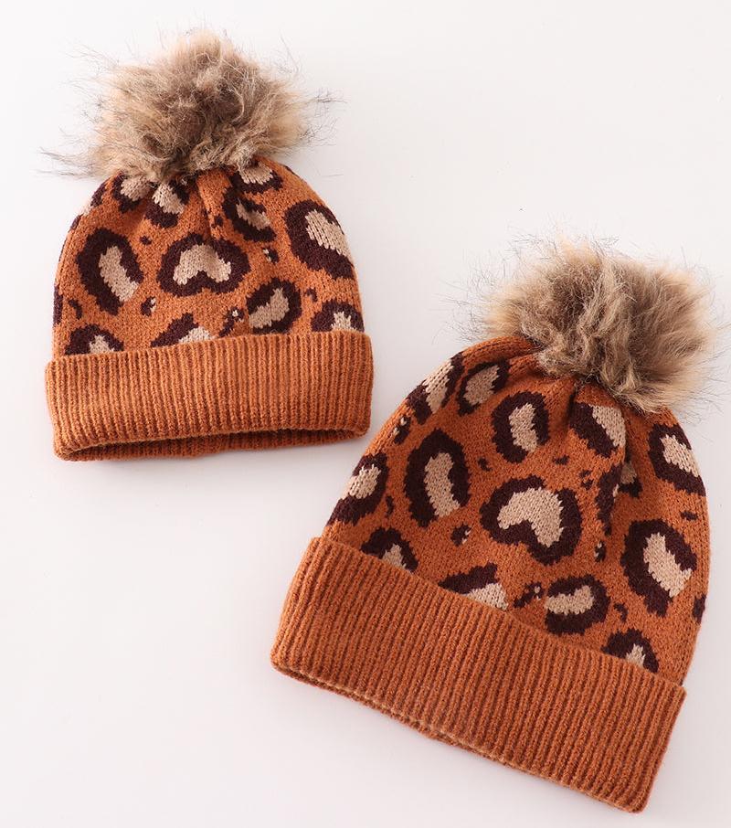 Brown Leopard Cable Knit Pom Beanie - Mom+Mini