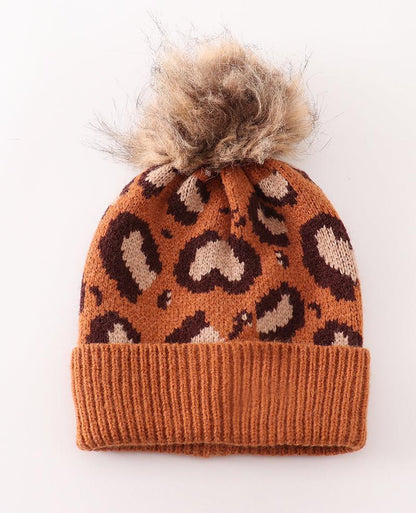 Brown Leopard Cable Knit Pom Beanie - Mom+Mini