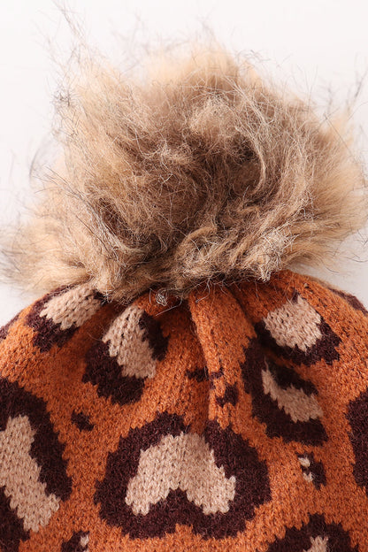 Brown Leopard Cable Knit Pom Beanie - Mom+Mini