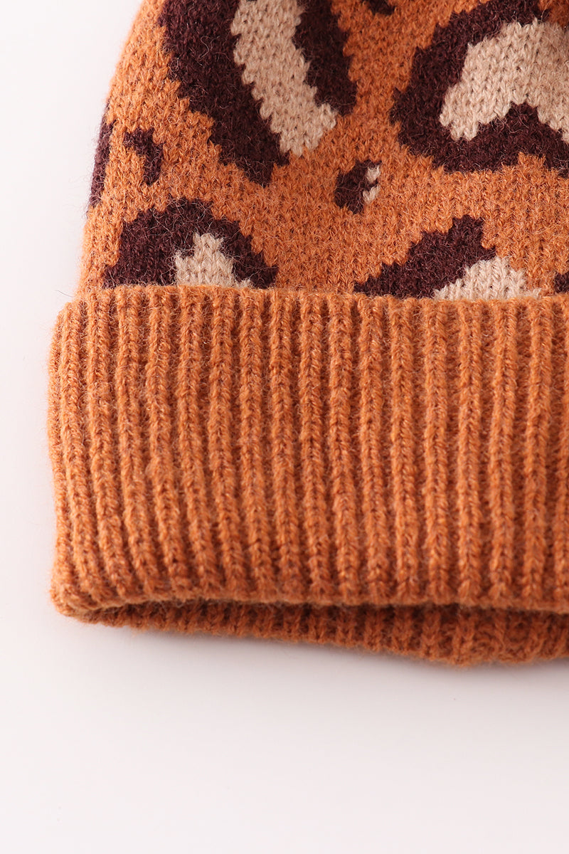 Brown Leopard Cable Knit Pom Beanie - Mom+Mini