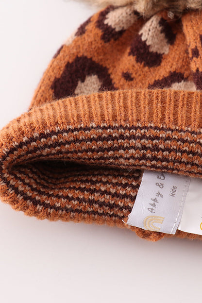 Brown Leopard Cable Knit Pom Beanie - Mom+Mini