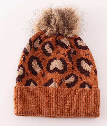 Brown Leopard Cable Knit Pom Beanie - Mom+Mini